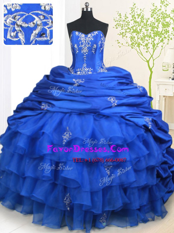 Most Popular Royal Blue Ball Gowns Organza and Taffeta Strapless Sleeveless Beading and Appliques and Ruffled Layers and Pick Ups With Train Lace Up Sweet 16 Dresses Brush Train