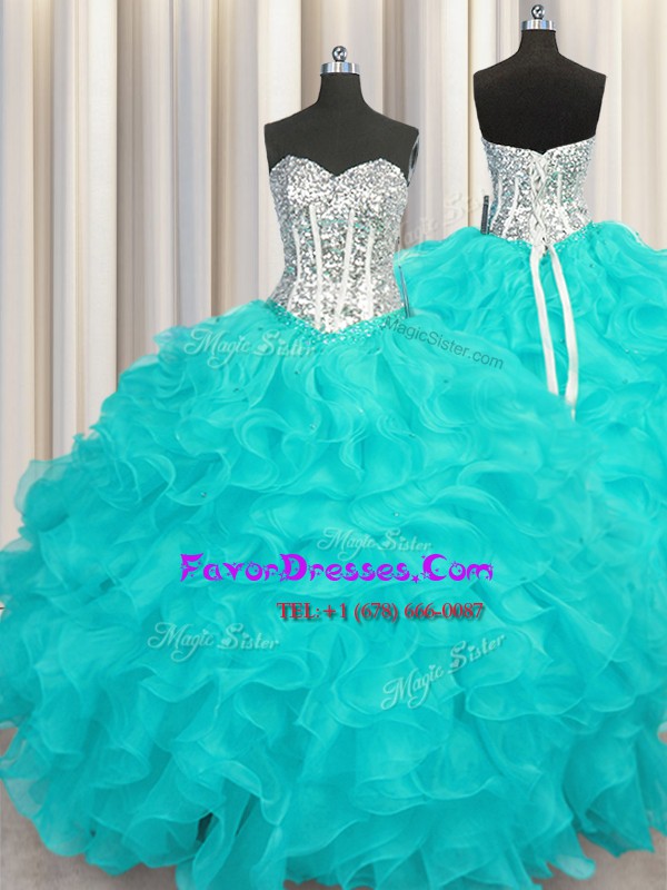 Extravagant Aqua Blue Quinceanera Dresses Military Ball and Sweet 16 and Quinceanera and For with Beading and Ruffles Sweetheart Sleeveless Lace Up