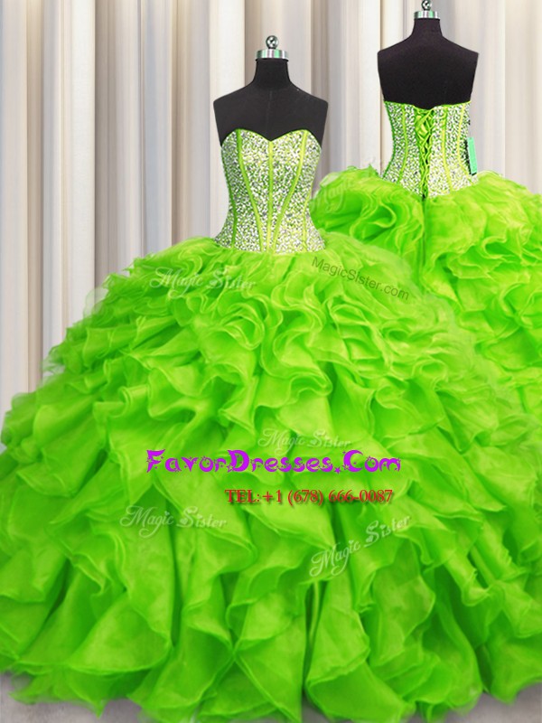 Cheap Visible Boning Lace Up Sweet 16 Dress Beading and Ruffles Sleeveless Floor Length