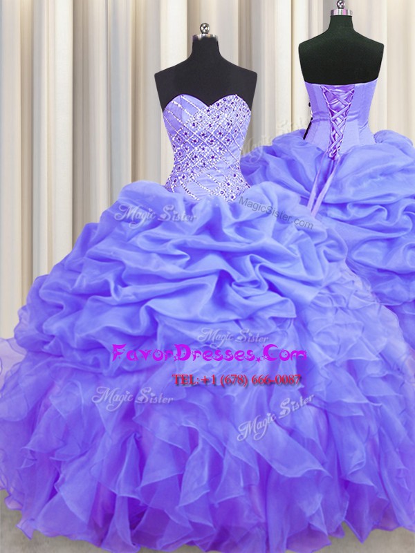  Sleeveless Organza Floor Length Lace Up Quinceanera Dress in Lavender with Beading and Ruffles and Pick Ups