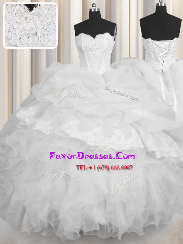 Sleeveless Floor Length Beading and Appliques and Ruffles and Pick Ups Lace Up Ball Gown Prom Dress with White