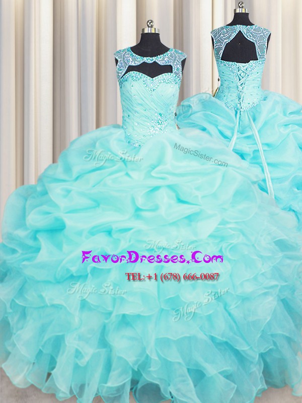 Dazzling Scoop Aqua Blue Sleeveless Floor Length Beading and Pick Ups Lace Up Ball Gown Prom Dress