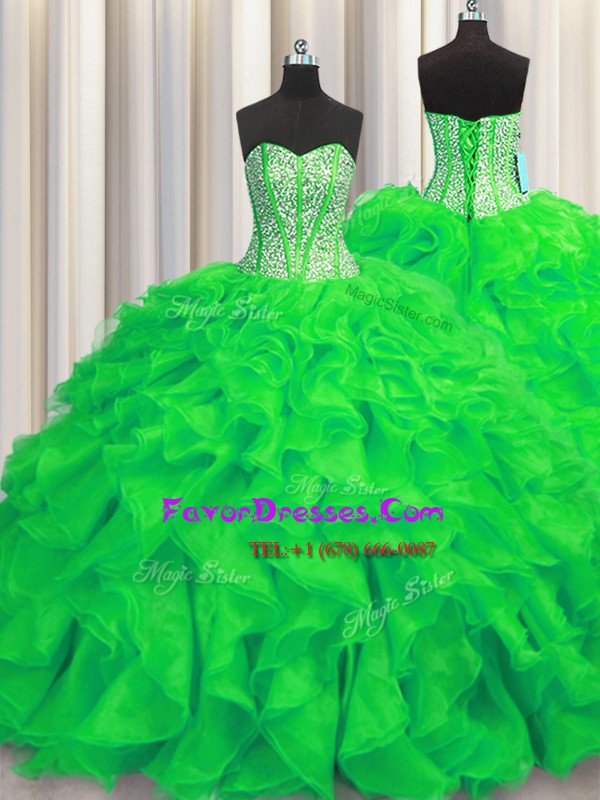 Classical Visible Boning Green Ball Gowns Sweetheart Sleeveless Organza Brush Train Lace Up Beading and Ruffles Vestidos de Quinceanera