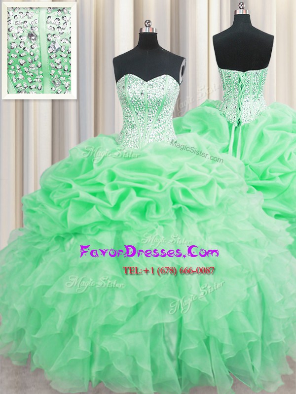 Sumptuous Visible Boning Apple Green Organza Lace Up Sweetheart Sleeveless Floor Length Sweet 16 Dress Beading and Ruffles and Pick Ups