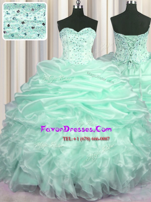  Apple Green Sleeveless Sweep Train Beading and Ruffles and Pick Ups With Train Sweet 16 Quinceanera Dress