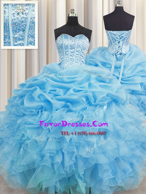 Vintage Visible Boning Baby Blue Organza Lace Up 15th Birthday Dress Sleeveless Floor Length Beading and Ruffles and Pick Ups