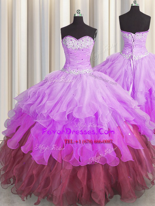  Multi-color Organza Lace Up Sweetheart Sleeveless Floor Length Quinceanera Gown Beading and Ruffles and Ruffled Layers and Pick Ups