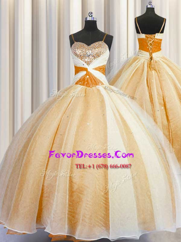 Charming Spaghetti Straps Floor Length Lace Up Quinceanera Dress Orange for Military Ball and Sweet 16 and Quinceanera with Beading and Ruching