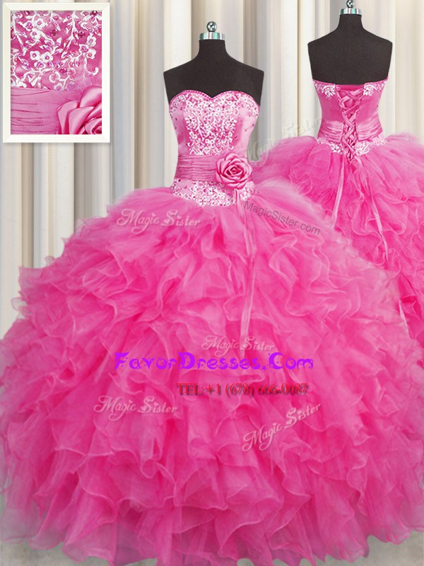  Handcrafted Flower Hot Pink Organza Lace Up Sweet 16 Quinceanera Dress Sleeveless Floor Length Beading and Ruffles