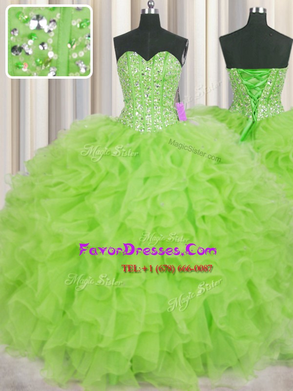  Visible Boning Ball Gowns Sweetheart Sleeveless Organza Floor Length Lace Up Beading and Ruffles Ball Gown Prom Dress