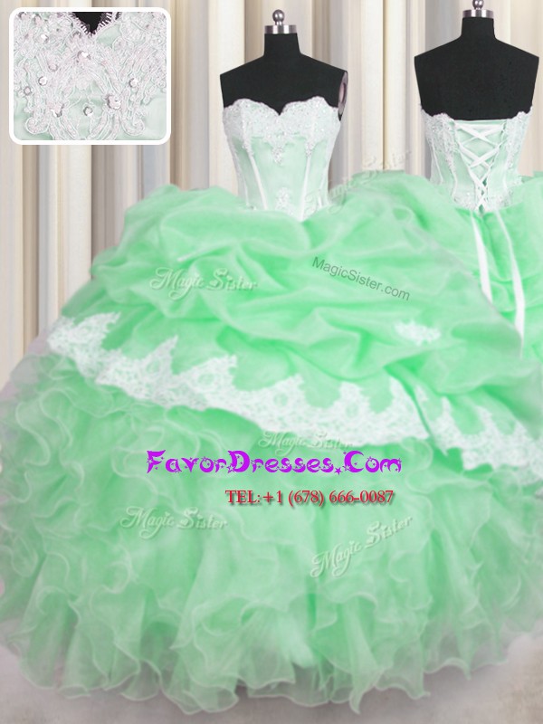 Admirable Green Ball Gowns Beading and Appliques and Ruffles and Pick Ups Vestidos de Quinceanera Lace Up Organza Sleeveless Floor Length