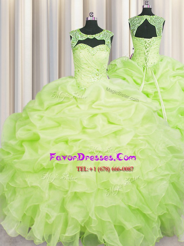  Scoop Floor Length Yellow Green Quince Ball Gowns Organza Sleeveless Beading and Pick Ups
