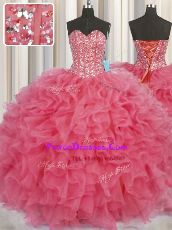  Visible Boning Floor Length Lace Up Sweet 16 Dress Coral Red for Military Ball and Sweet 16 and Quinceanera with Beading and Ruffles