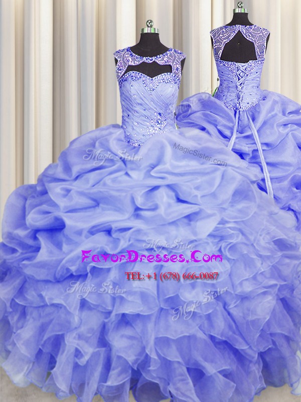  Blue Lace Up Scoop Beading and Pick Ups Vestidos de Quinceanera Organza Sleeveless