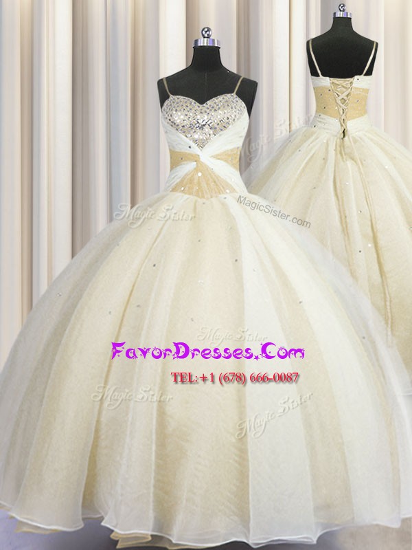 Adorable Spaghetti Straps Champagne Ball Gowns Beading and Ruching Quince Ball Gowns Lace Up Organza Sleeveless Floor Length