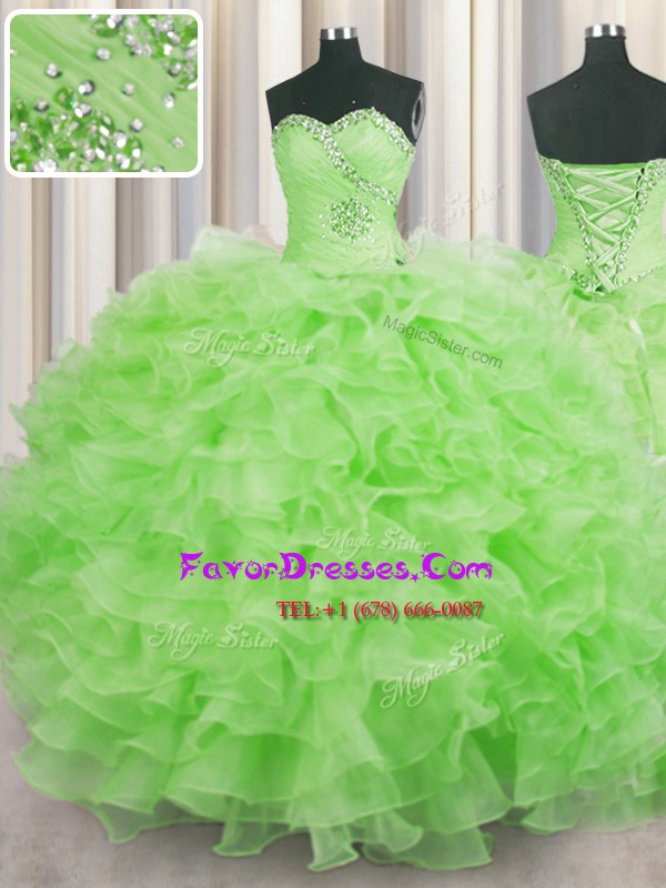 Fabulous Ball Gowns Sweetheart Sleeveless Organza Floor Length Lace Up Beading and Ruffles Quinceanera Dress