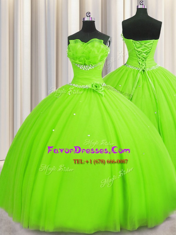  Handcrafted Flower Tulle Lace Up Sweet 16 Dress Sleeveless Floor Length Beading and Sequins and Hand Made Flower
