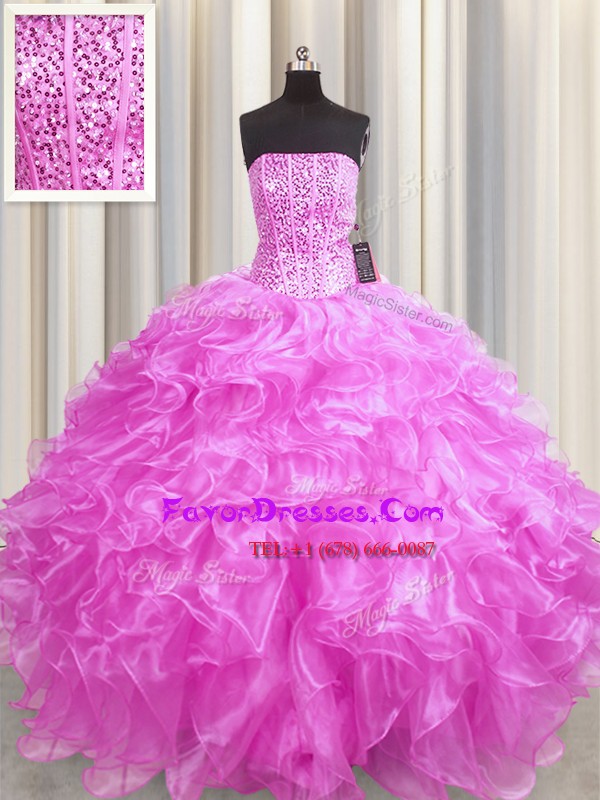 Visible Boning Rose Pink Lace Up Quinceanera Gown Beading and Ruffles Sleeveless Floor Length