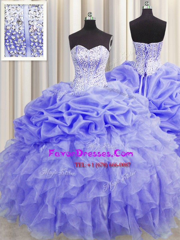  Visible Boning Lavender Sweetheart Lace Up Beading and Ruffles and Pick Ups Quince Ball Gowns Sleeveless