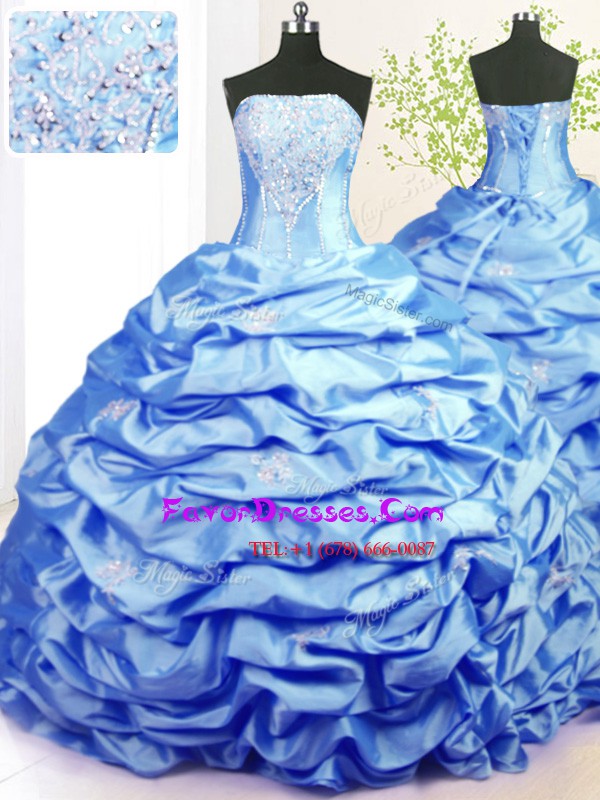 Glamorous Baby Blue Taffeta Lace Up Strapless Sleeveless With Train 15 Quinceanera Dress Sweep Train Beading and Pick Ups