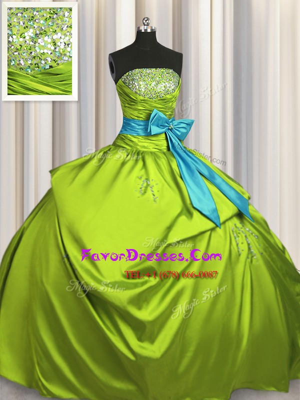 Edgy Olive Green Quinceanera Gown Military Ball and Sweet 16 and Quinceanera and For with Beading and Ruching and Bowknot Strapless Sleeveless Lace Up