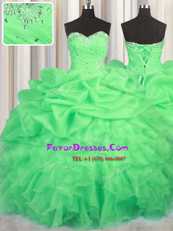 Romantic Beading and Ruffles and Ruching and Pick Ups Quinceanera Dresses Green Lace Up Sleeveless Floor Length