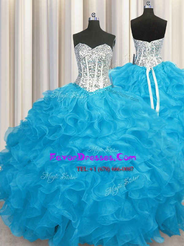  Aqua Blue Organza Lace Up Sweetheart Long Sleeves Floor Length Quince Ball Gowns Beading and Ruffles