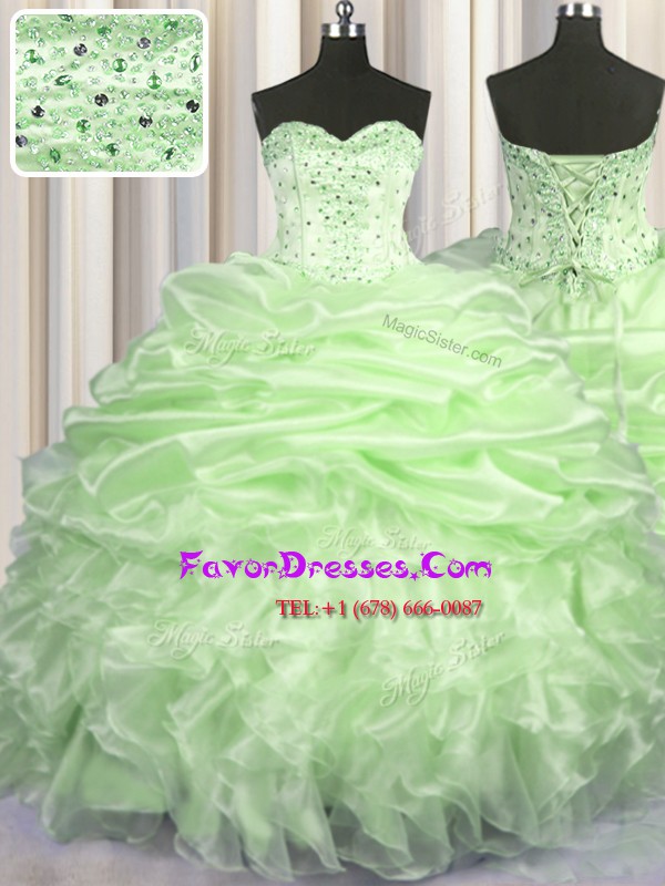  Organza Sleeveless With Train Quinceanera Gown Brush Train and Beading and Ruffles and Pick Ups