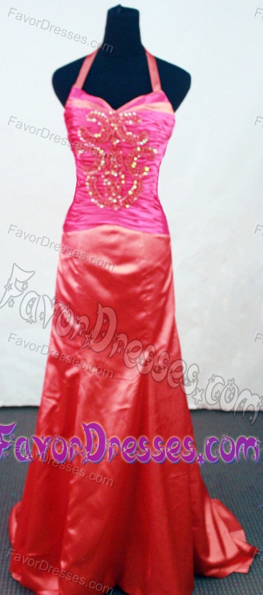Inexpensive Column Halter-top Red Prom Holiday Dress with Appliques in Taffeta
