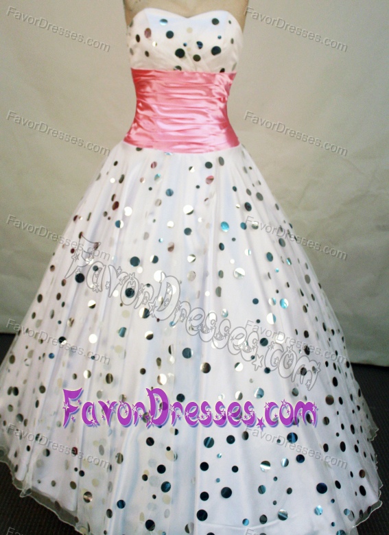 Sequined Real Sample Prom Girls Dress with Sweetheart Neck in White and Pink
