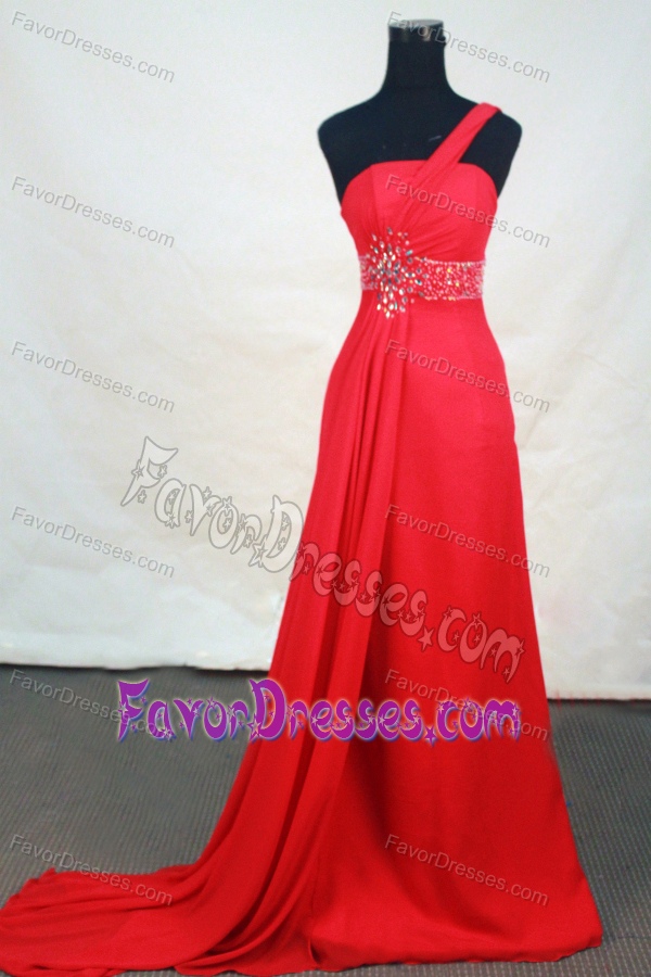Chiffon Beading Real Sample Prom Theme Dress with One Shoulder in Red Color