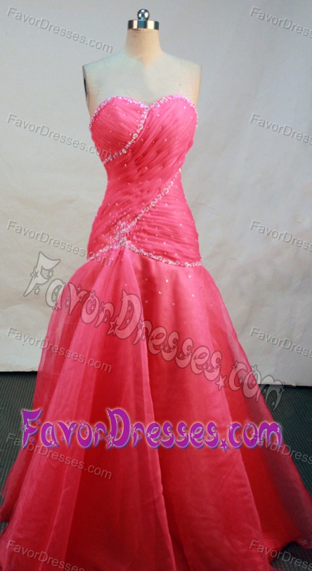 Perfect Sweetheart Ruching Prom Court Dress for Fall with Beads in Watermelon