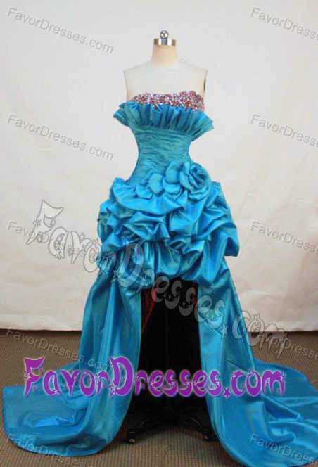 Strapless High-low Taffeta Prom Dress for Ladies with Beads and Pick-ups in Teal