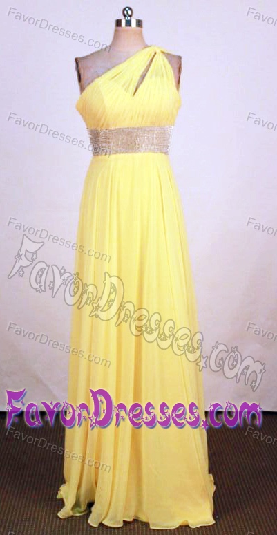 Beautiful One Shoulder Yellow Prom Pageant Dress in Chiffon with Beaded Sash