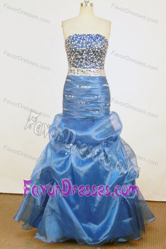 Beautiful Mermaid Strapless Prom Theme Dress with Beads and Pick-ups in Blue
