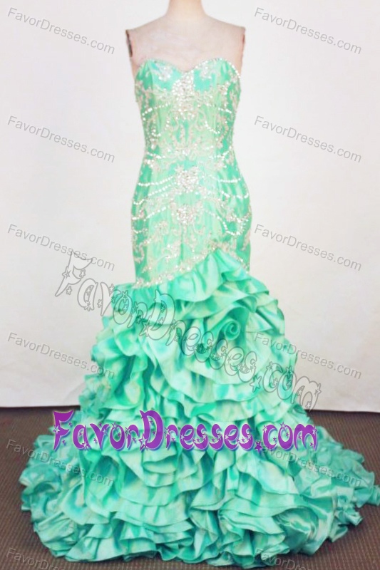Spring Green Sweetheart Prom Attire with Ruffles and Appliques in Long