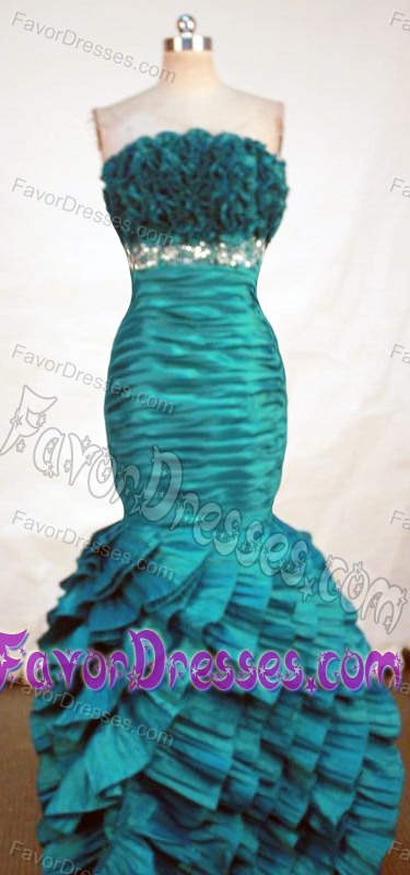 Ruched and Beaded Mermaid Dress for Prom Court with Ruffles in Teal for 2013