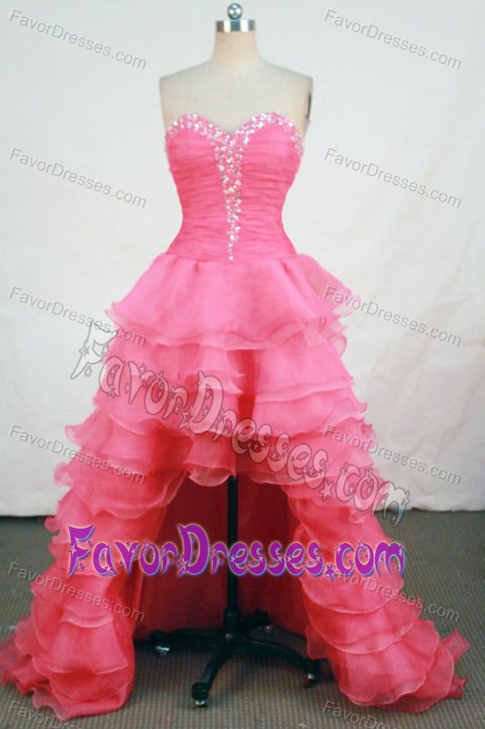 High-low Sweetheart Beaded Prom Homecoming Dress with Layers in Watermelon