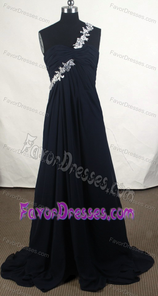 Affordable Empire One Shoulder Prom Attire with Beadings and Ruches in Black