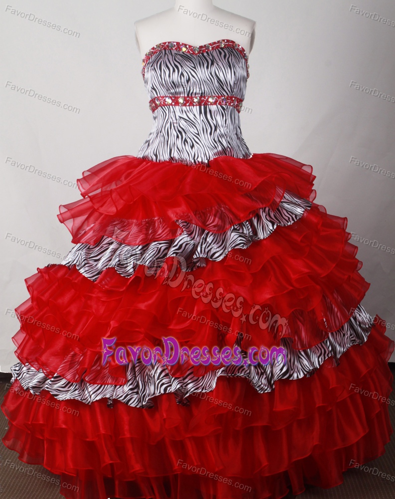 Strapless Red and Zebra Organza and Taffeta Quinces Gown with Beading