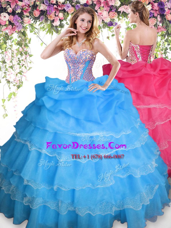 Romantic Floor Length Lace Up Ball Gown Prom Dress Baby Blue for Military Ball and Sweet 16 and Quinceanera with Beading and Ruffled Layers and Pick Ups