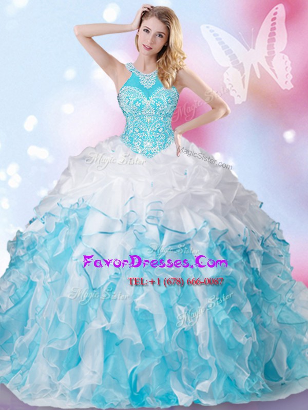 Lovely Organza Halter Top Sleeveless Lace Up Beading and Ruffles and Pick Ups Quinceanera Gowns in Blue And White