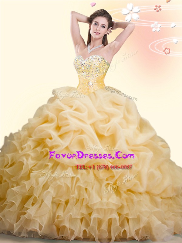 Admirable Gold Lace Up Sweetheart Beading and Ruffles and Pick Ups Quinceanera Gowns Organza Sleeveless Brush Train