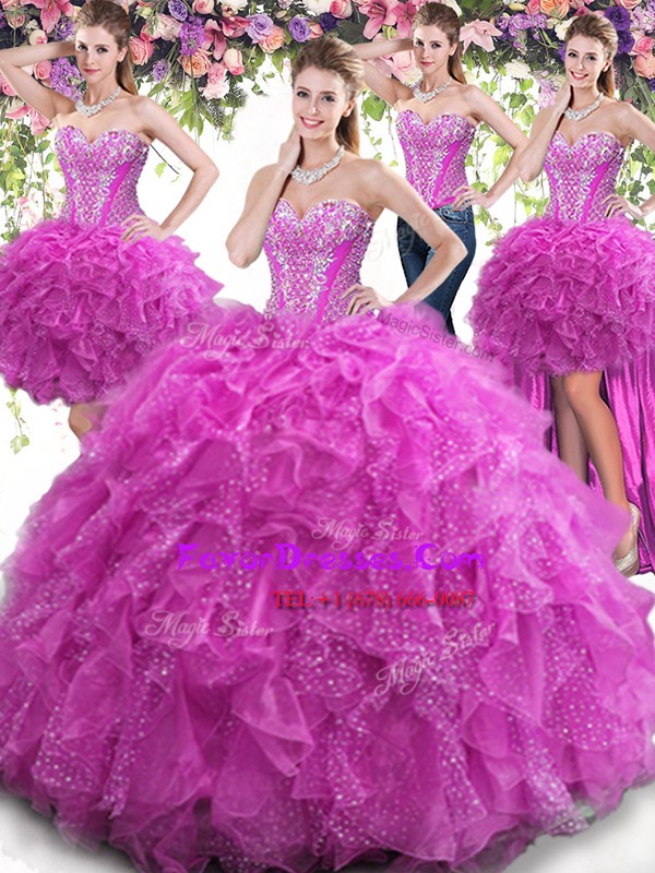  Four Piece Fuchsia Tulle Lace Up 15 Quinceanera Dress Sleeveless Floor Length Beading and Ruffles