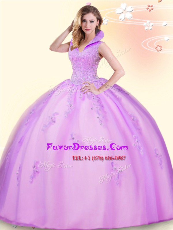 Ideal Backless High-neck Sleeveless Sweet 16 Quinceanera Dress Floor Length Beading and Appliques Lilac Tulle