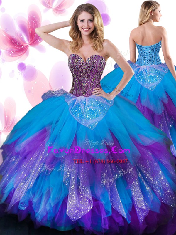 New Style Multi-color Ball Gowns Sweetheart Sleeveless Tulle Floor Length Lace Up Beading and Ruffled Layers Vestidos de Quinceanera