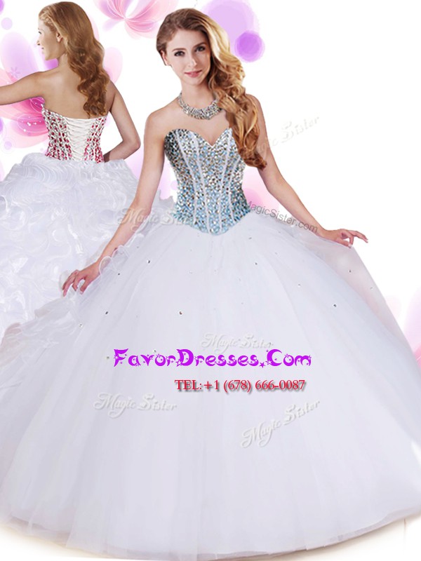  White Organza and Tulle Lace Up Sweet 16 Dress Sleeveless Floor Length Beading and Ruffles