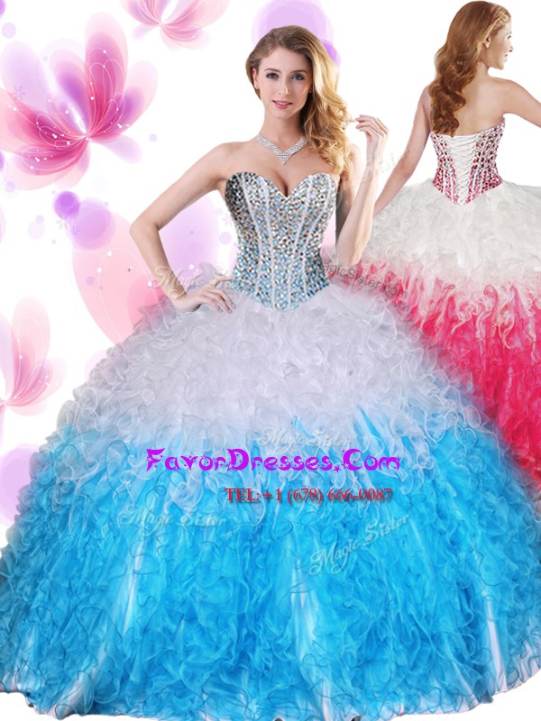  Blue And White Ball Gowns Sweetheart Sleeveless Organza Floor Length Lace Up Beading and Ruffles Quinceanera Dress