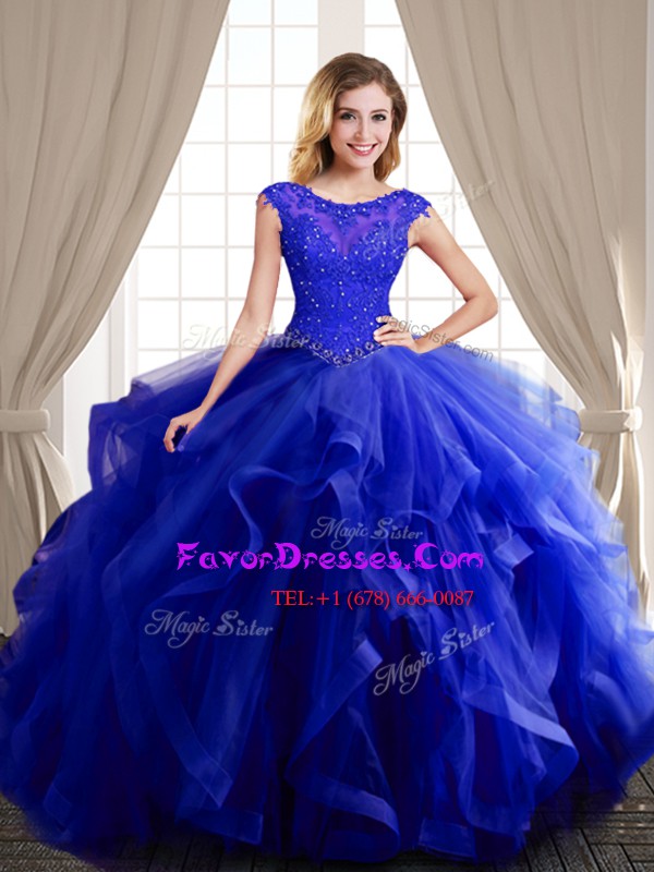 Noble Royal Blue Ball Gowns Tulle Scoop Cap Sleeves Beading and Appliques and Ruffles With Train Lace Up Vestidos de Quinceanera Brush Train