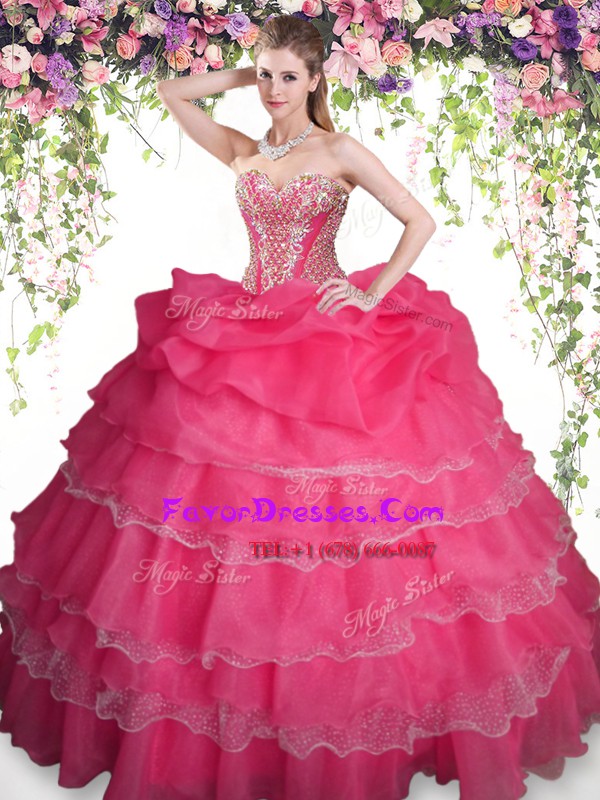  Coral Red Sleeveless Beading and Ruffled Layers and Pick Ups Floor Length 15 Quinceanera Dress